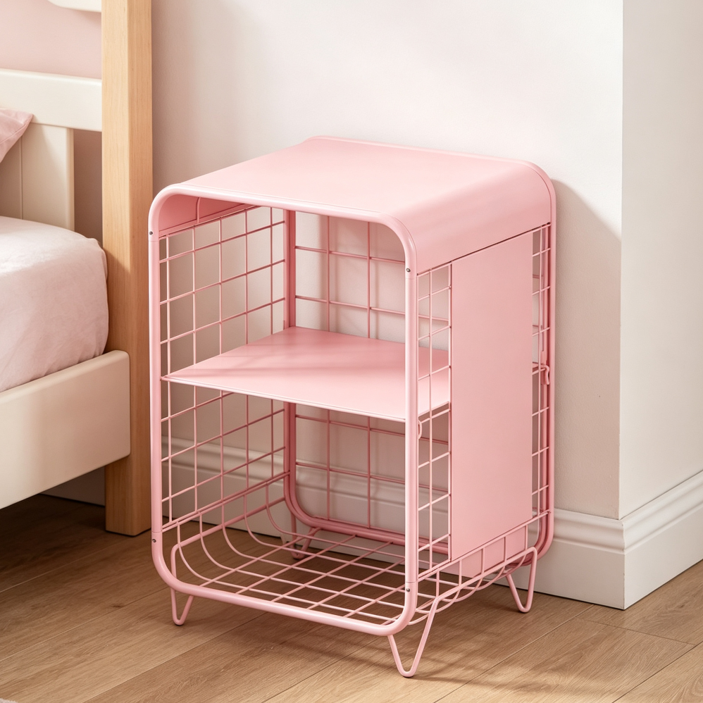 Pink 3-Tier Metal Kids Nightstand with Storage
